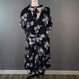 Torrid Fit & Flare Dress Womens Size 14 Black Floral Flutter Sleeve Back Zipper